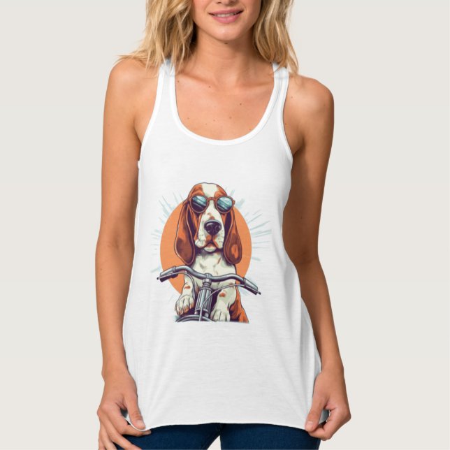 Débardeur T-Shirt, basset cool caricature hound biker (Devant)