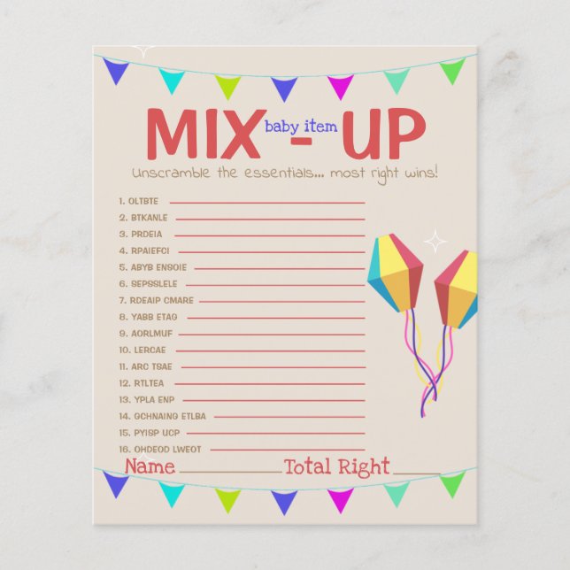 Débrouiller Mix-up Baby items Party Game Card (Devant)