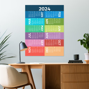 Décalque Mural Calendrier 2024 - année complète - mois colorés fu