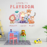 Décalque Mural Cute Jungle Animaux Enfants Salle de jeu personnal<br><div class="desc">Jolie aquarelle multicolore jungle animaux salle de jeu mur décal artwork avec les mots scriptés Imaginez, Rire, Jouer à la calligraphie amusante whimsy, et le mot Playroom dans une topographie de bloc pour enfants avec les coeurs. Remplacez facilement votre nom de choix. Quelle meilleure idée de cadeau que celle-ci !...</div>
