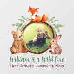 Décalque Mural Woodland Wild One First Birthday Photo et Animaux<br><div class="desc">Pour un premier anniversaire avec Wild One / thème animal safari. Autour d'une photo d'enfant dans un cadre rond de bois brun, il y a un groupe d'animaux de forêt mignons peints en aquarelle : un ours brun à gauche, un renard rouge à droite et un lapin à droite. Il...</div>