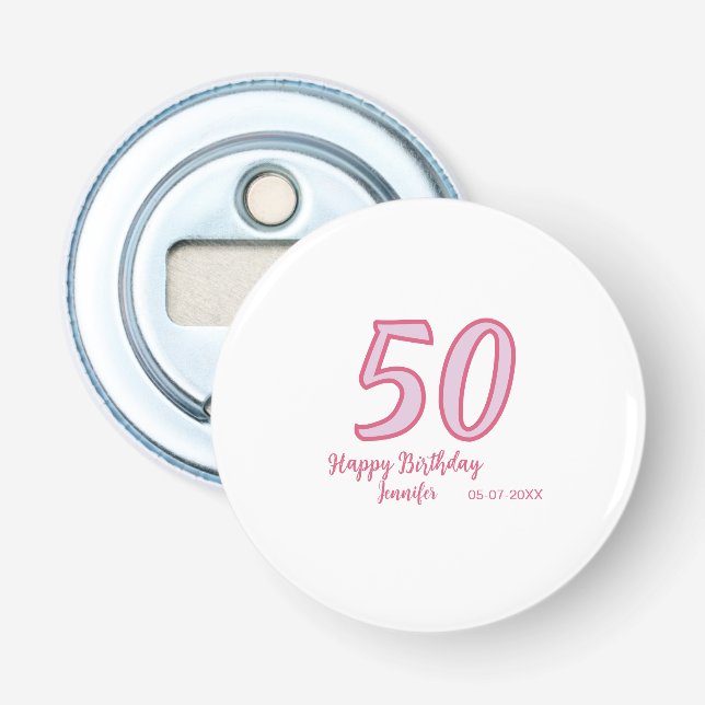 Décapsuleur 50e anniversaire rose violet gras nom simple minim (Devant)