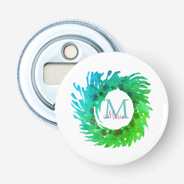 Décapsuleur Ajouter une couronne de Noël vert rose monogramme (Devant)