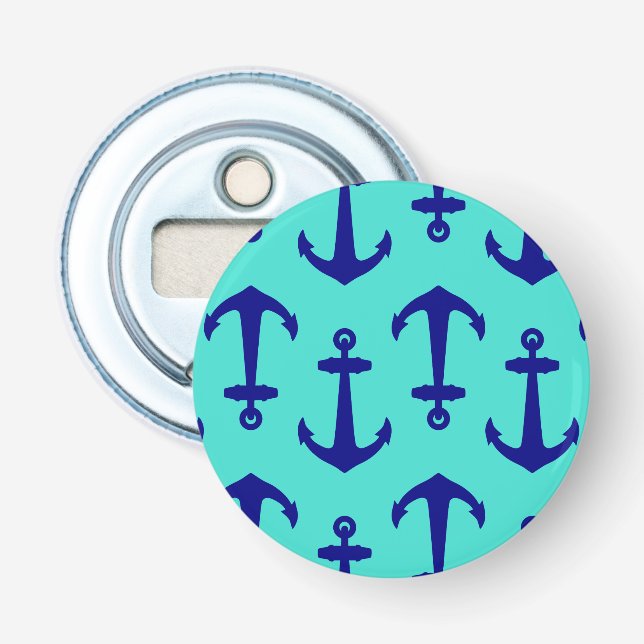 Décapsuleur Ancre Bleue Marine Sur Décor Côtier Turquoise (Devant)