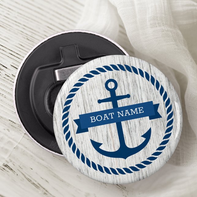 Décapsuleur Ancre corde frontière nom du bateau bois flotté ar (Anchor rope border boat name driftwood background bottle opener)