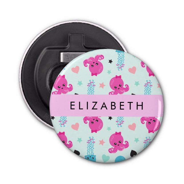 Décapsuleur Animaux de mer, poulpe, méduse, Coeurs, Votre nom (Devant)