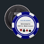 Décapsuleur Anniversaire Poker Chip Casino Thème Marine Bleu B<br><div class="desc">Ce ouvre-biberon bleu marine et blanc de poker style puce ferait un cadeau parfait pour le garçon d'anniversaire, ou, pour toute la fête comme un cadeau! Personnalisez votre design avec un nom et une date de naissance # en noir au centre, et votre texte personnalisé en bleu marine au dessus....</div>