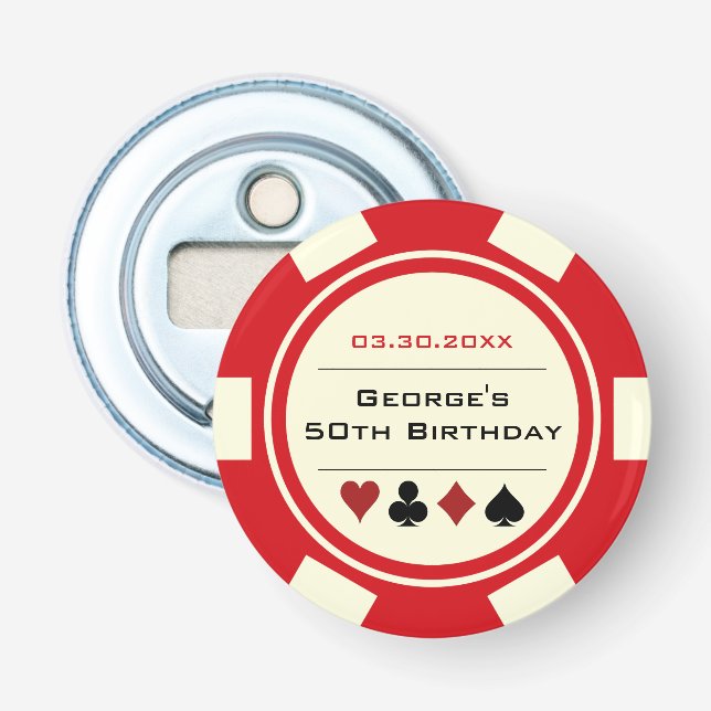 Décapsuleur Anniversaire Poker Chip Casino Thème Red Off White (Devant)