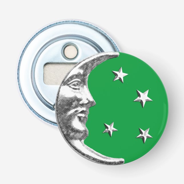 Décapsuleur Art Déco Lune et Etoiles - Jade Green et Argent (Devant)