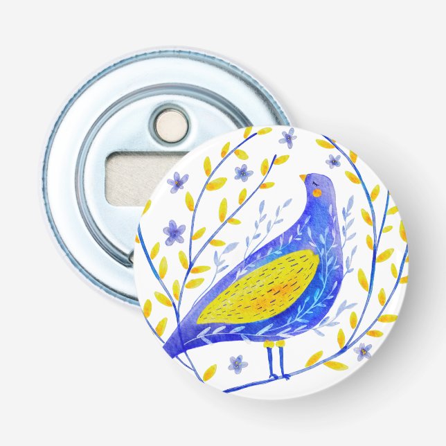 Décapsuleur Art moderne d'oiseau bleu et jaune à l'aquarelle (Devant)