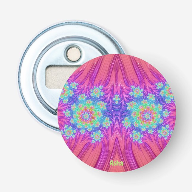 Décapsuleur ASHA ~ Corail rose Bleu et Vert 3D fractal ~ (Devant)