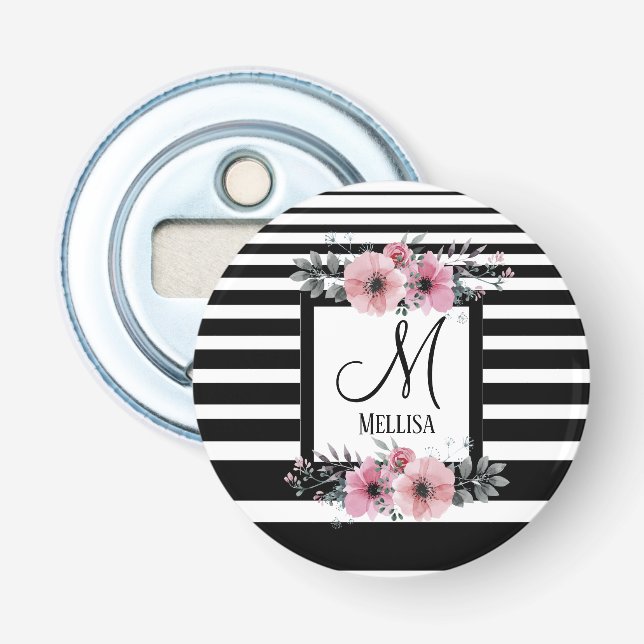 Décapsuleur Bandes noires et blanches Monogramme floral rose (Devant)