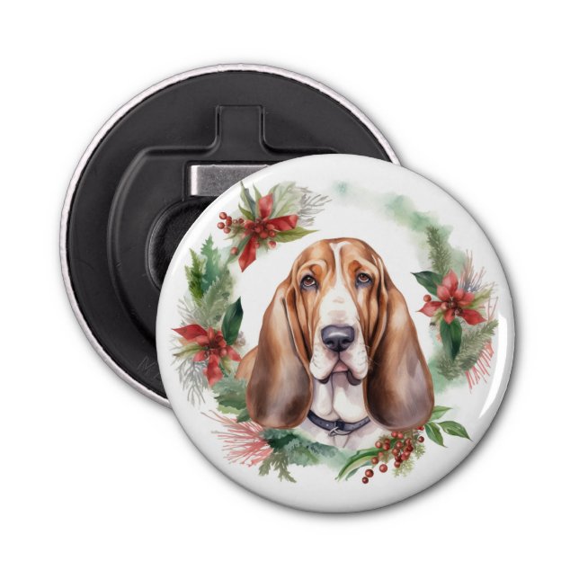 Décapsuleur Basset Hound Festive Wreath de Noël Pup (Devant)
