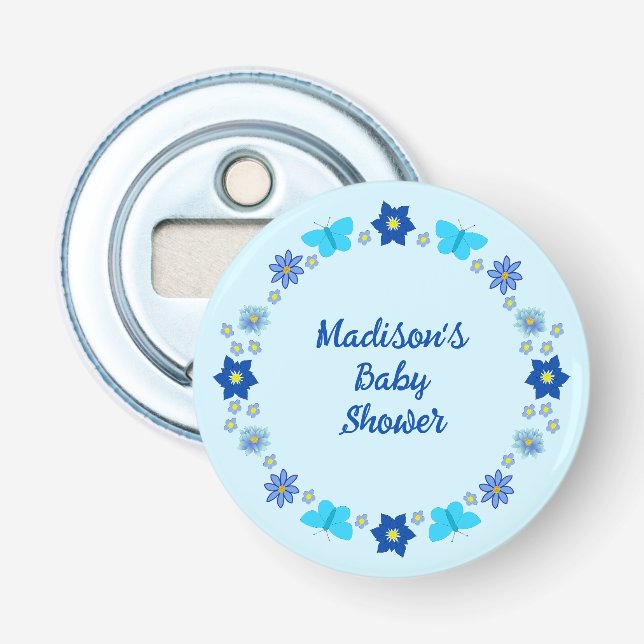 Décapsuleur Bébé bleu Papillons et Baby shower de fleurs (Devant)