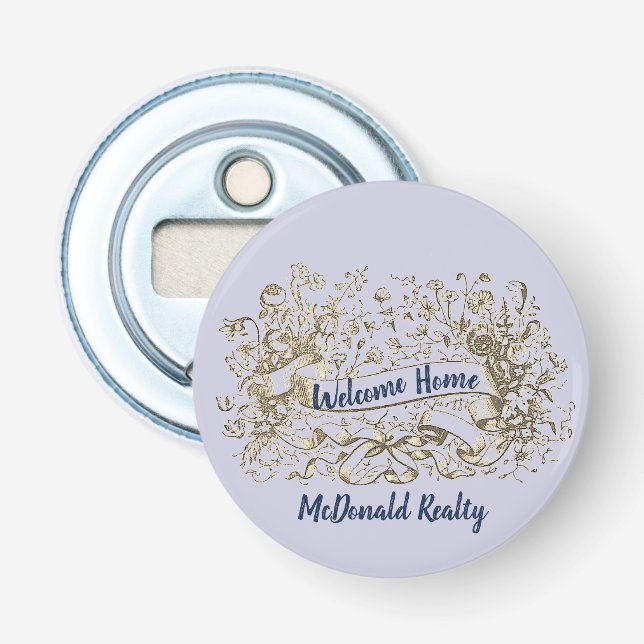 Décapsuleur Bienvenue Maison or Floral Banner Realtor Promo (Devant)