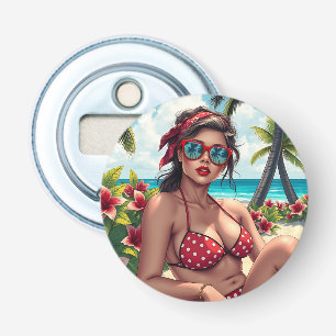 Décapsuleur Bikini rouge, lunettes de soleil et femme de Banda