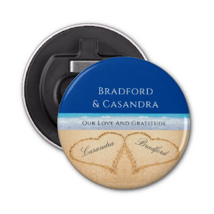 Décapsuleur Bleu foncé Plage Mariage 2 Coeurs dans le sable