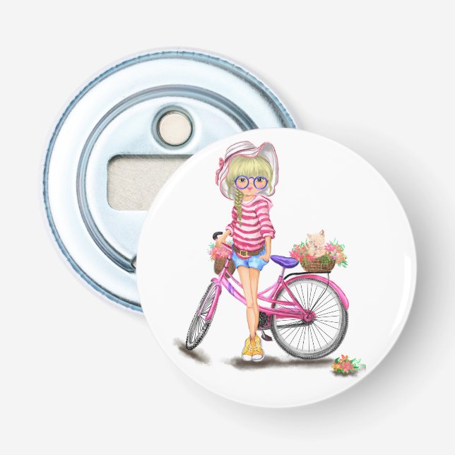 Décapsuleur Blonde Girl Bottle Ouvrir Vélo rose (Devant)