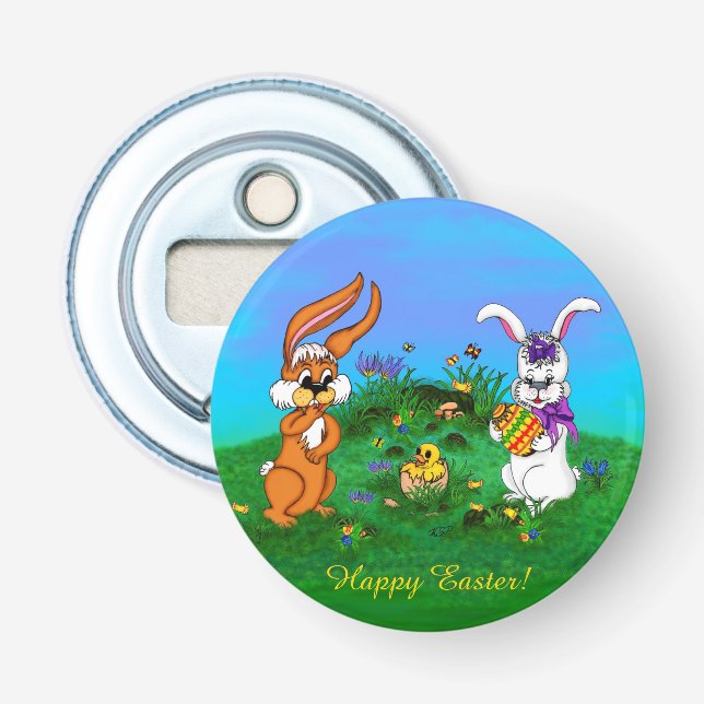 Décapsuleur Bonne Pâques ! Lapin avec lapin et poussin (Devant)