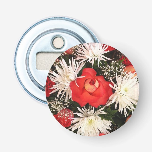 Décapsuleur Bouquet de rose rouge et fleurs blanches (Devant)