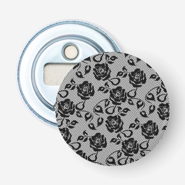 Décapsuleur Bouteille de pêche en dentelle noire avec Rose (Devant)