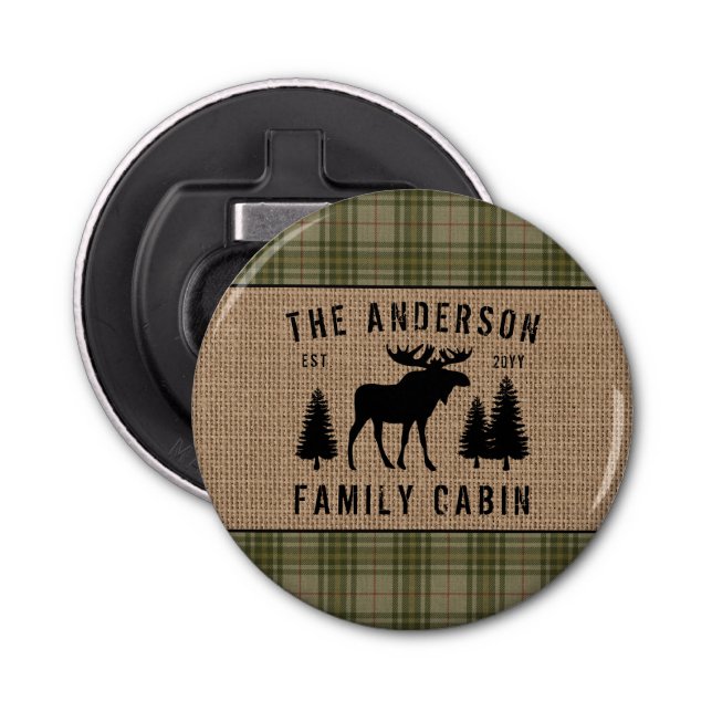Décapsuleur Bouton Burlap Pin vert Moose Cabine famille (Devant)