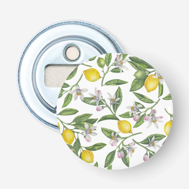 Décapsuleur Branches de citron avec fleurs et fruits sur blanc (Devant)
