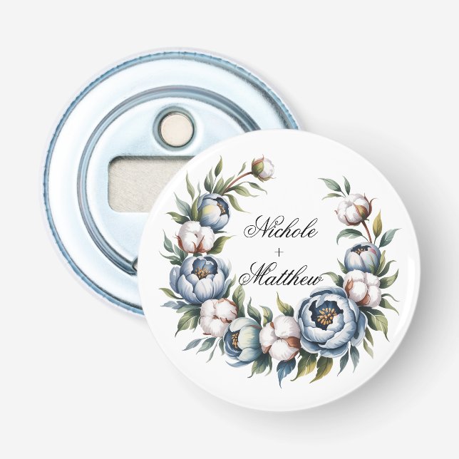 Décapsuleur Cadeau de mariage bleu poussiéreux et coton (Devant)