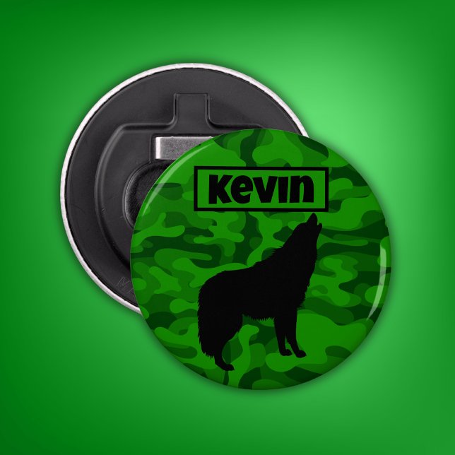 Décapsuleur Camo vert moderne noir Wolf Silhouette Monogramme  (Créateur téléchargé)