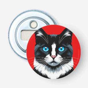 Décapsuleur Chat noir et blanc aux yeux bleus vifs