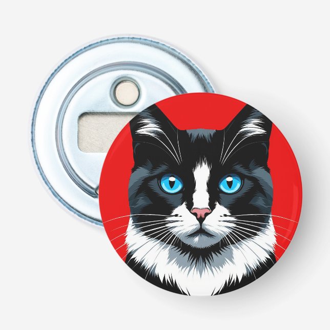 Décapsuleur Chat noir et blanc aux yeux bleus vifs (Devant)