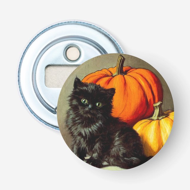 Décapsuleur Chat noir vintage d'Halloween et Citrouilles (Devant)