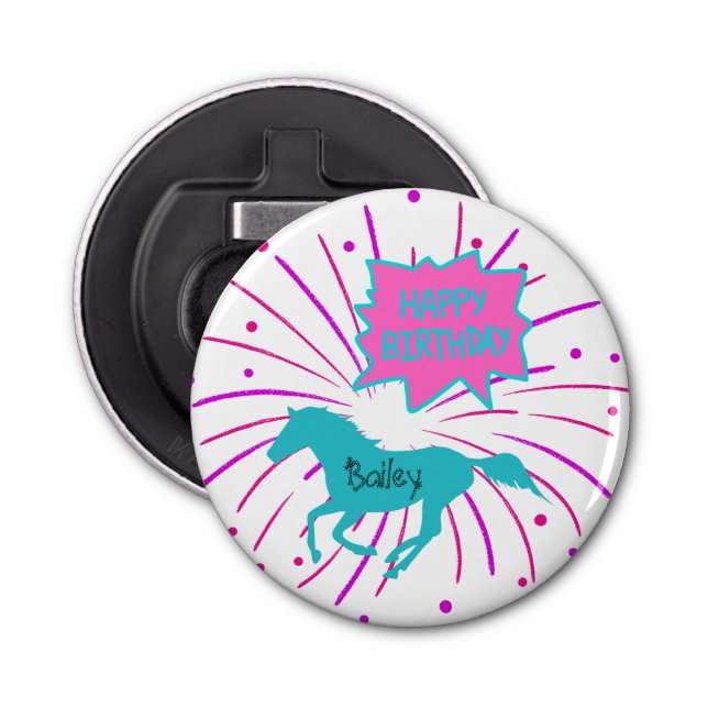Décapsuleur Cheval Joyeux Anniversaire rose violet Turquoise (Devant)