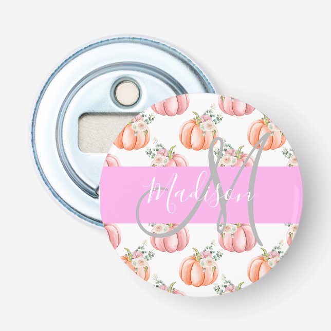Décapsuleur Chic Fleur Blanche Rose Pêche Citrouille Monogramm (Devant)