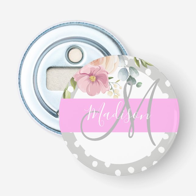 Décapsuleur Chic & Girly Floral Blanc Rose Gris Monogram Nom (Devant)