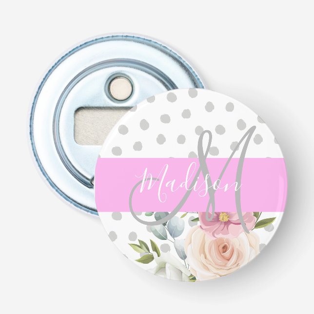 Décapsuleur Chic & Girly Floral Blanc Rose Gris Monogramme Nom (Devant)