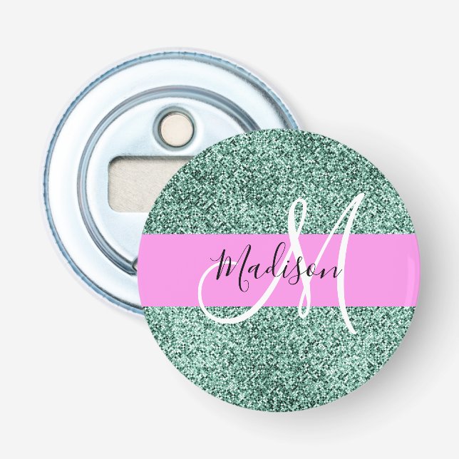 Décapsuleur Chic Glam Rose Vert Paillettes Étincelle Monogramm (Devant)