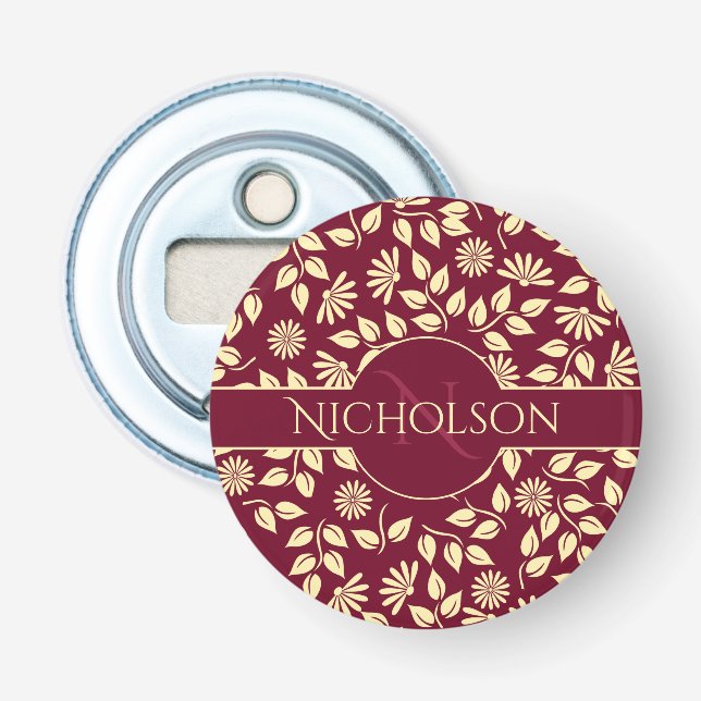 Décapsuleur Chic Monogramme Nom  Motif Feuille Daisy Bordeaux (Devant)