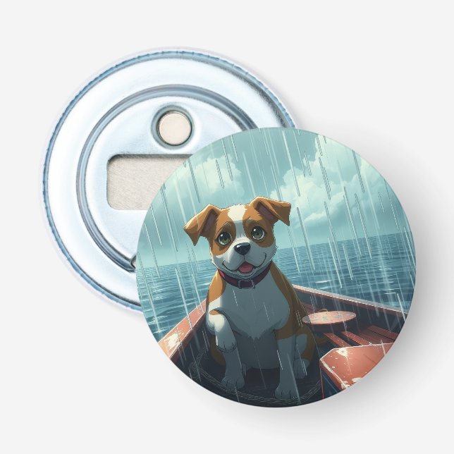 Décapsuleur Chien sur bateau dans l'océan sous la pluie (Devant)