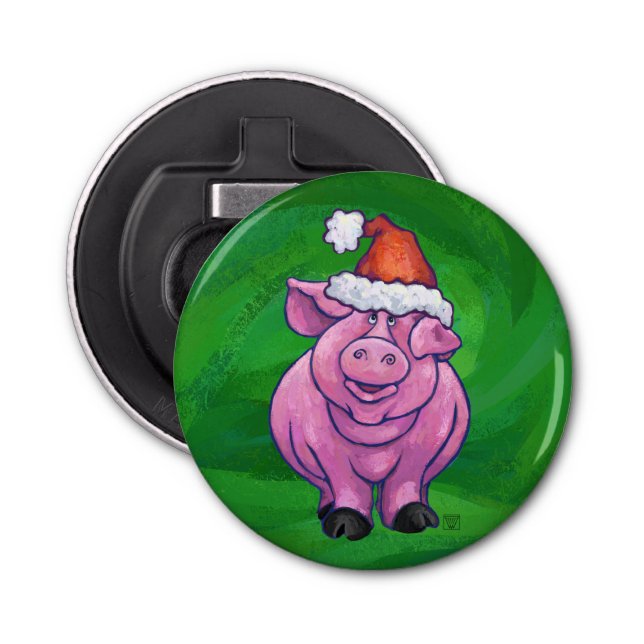 Décapsuleur Cochon de Fête à Santa Hat sur Vert (Devant)