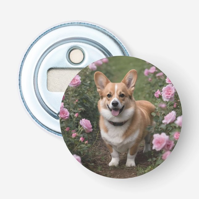 Décapsuleur "Compagnie de charme : Un Corgi dans un jardin ros (Devant)