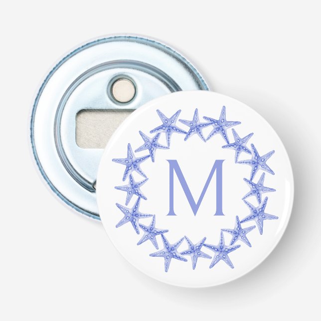 Décapsuleur Couronne de monogramme étoile de mer bleue et blan (Devant)