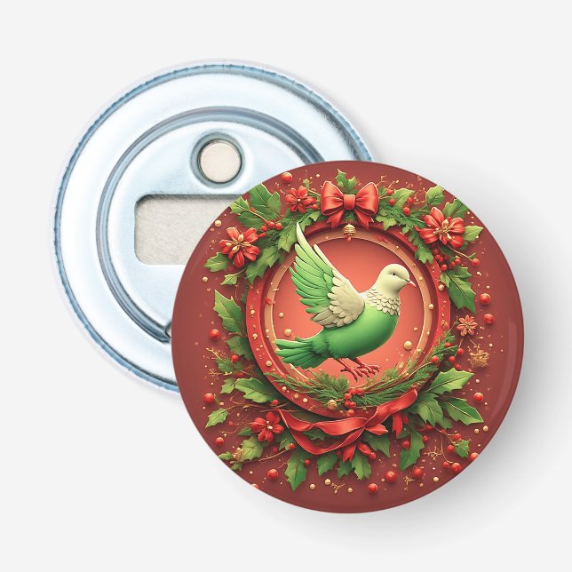 Décapsuleur Couronne de Noël festive avec colombe verte (Devant)