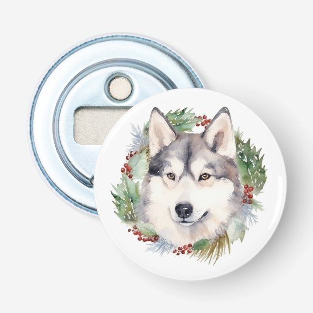 Décapsuleur Couronne de Noël festive avec Husky sibérien (Devant)