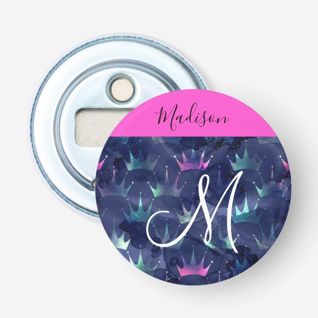 Décapsuleur Couronnes de sirène en strass rose vif Monogramme (Devant)