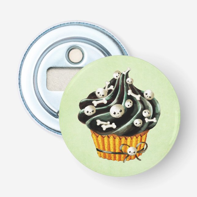Décapsuleur Cupcake d'Halloween noir avec de minuscules crânes (Devant)