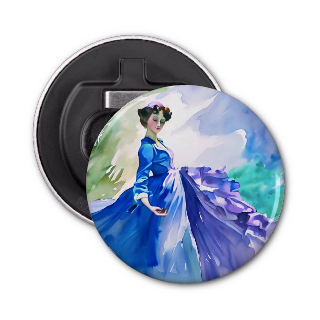 Décapsuleur Dame en Robe Bleue - Peinture aquarelle (Devant)
