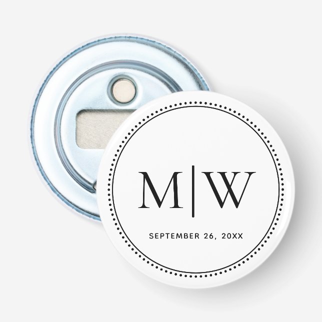 Décapsuleur Date de mariage élégante Monogramme de couple Blan (Devant)