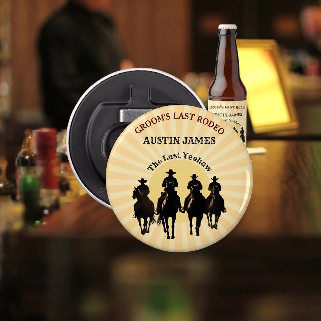 Décapsuleur Dernier Rodéo des Cowboys Couché Nom du Marié Ente (Last Rodeo Cowboys Sunset Groom's Name Bachelor Bottle Opener)