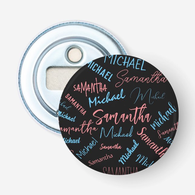 Décapsuleur Deux noms couples motif monogramme bleu rose clair (Devant)